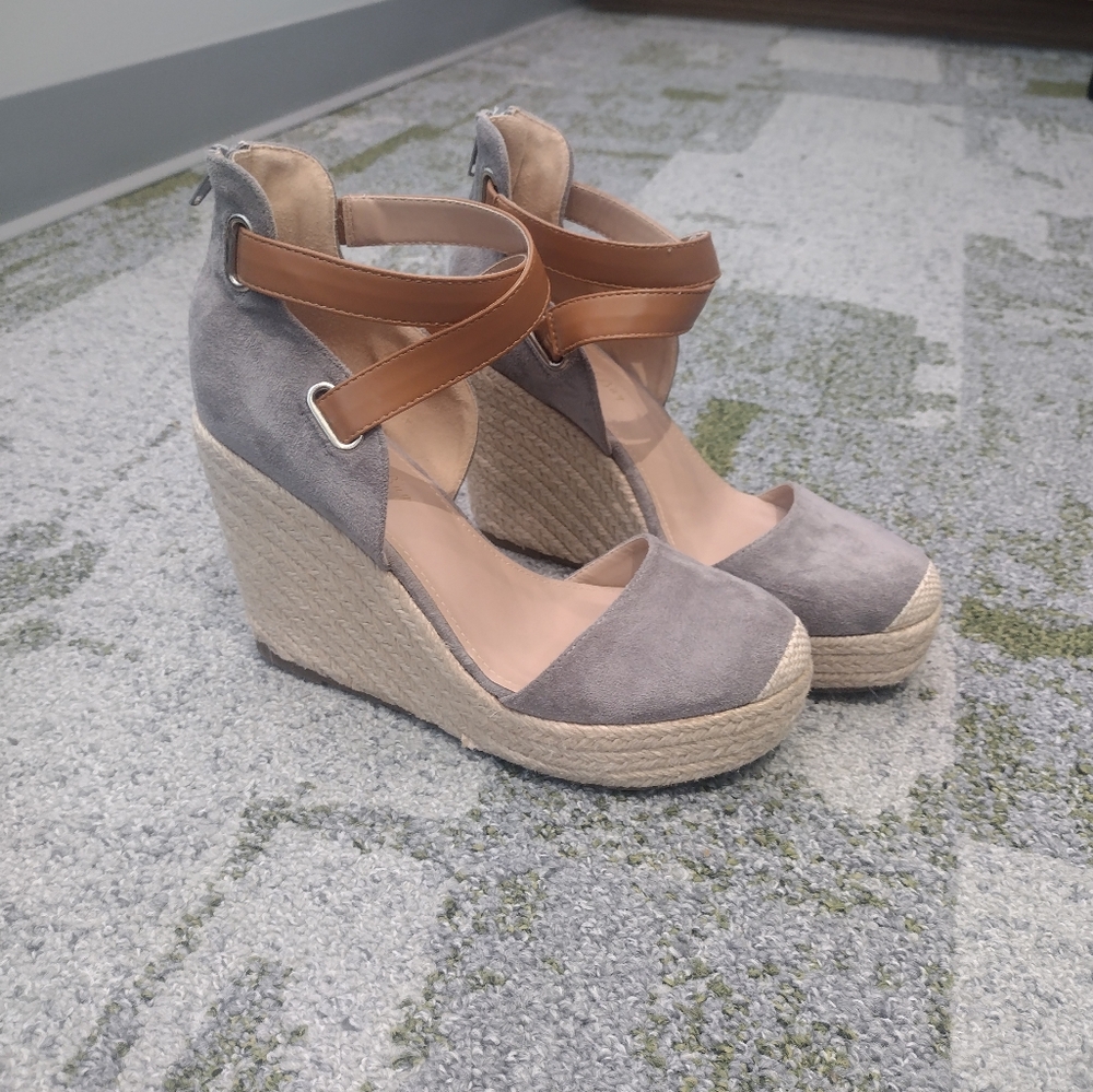 Gray and Tan Wedge Sandals